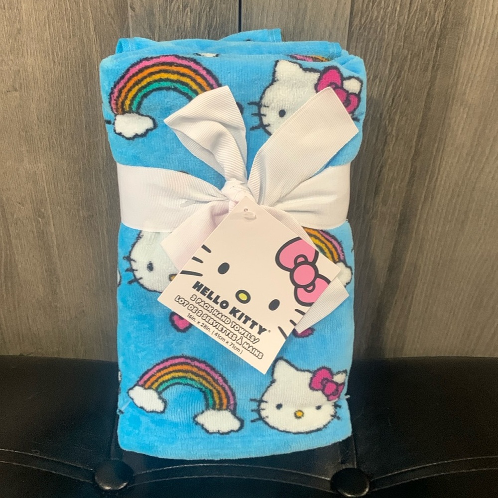 New Hello Kitty & Rainbows Set Of 2 Sky Blue Hand Towels Towel With Tag & Bow